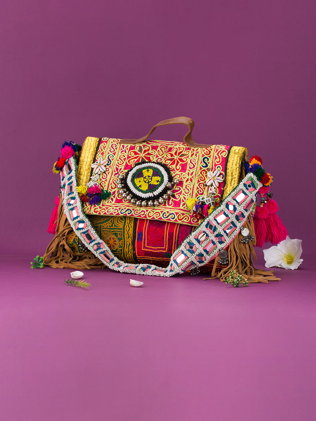 Pink & Green Kutchi Embroidery Work Boho Bag Arvaachin Absolutes
