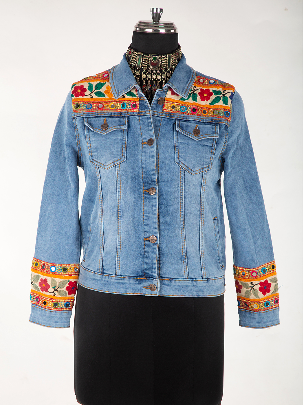 jeans jacket with african print & burlap patches