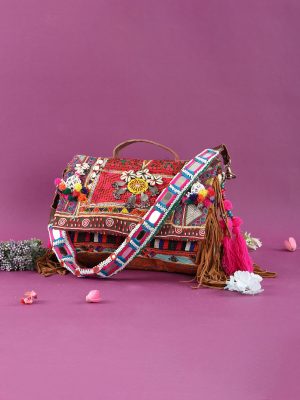 Pink and Brown Kutchi Work Boho Purse