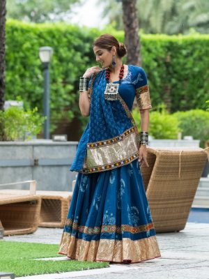 Blue handblock printed cotton Chaniya choli