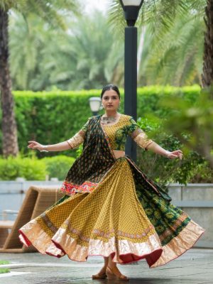 Yellow & Green Ajrakh Cotton Chaniya choli