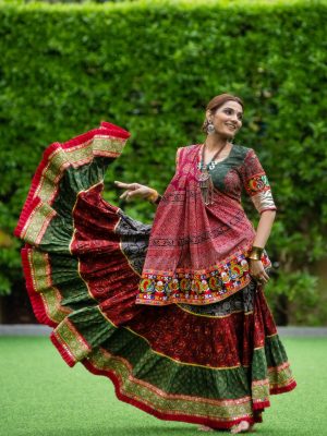 Red , Green & Black Bagru Ajrakh hand block Print cotton Chaniya choli