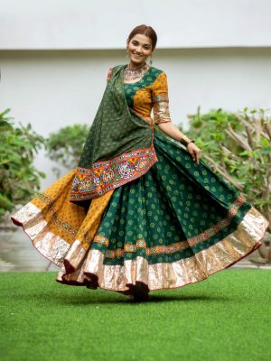 Green & Yellow Dabu & Ajrakh Cotton Chaniya choli