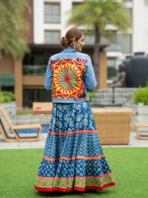 Denim Jacket With Yellow & Red Flower Back Print Kutchi Work