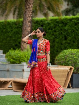 Red Cotton Chaniya choli with Blue Odhani