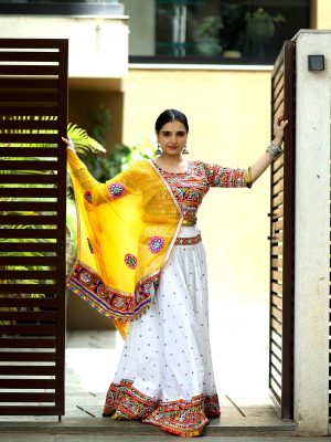 Yellow and White Embrodirey work Cotton Chaniya choli