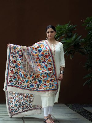 White Katha Work Dupatta