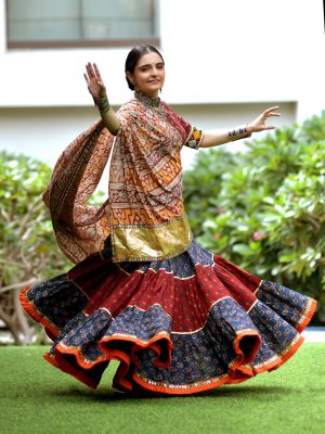 Red and blue kutchhi work Chaniya choli